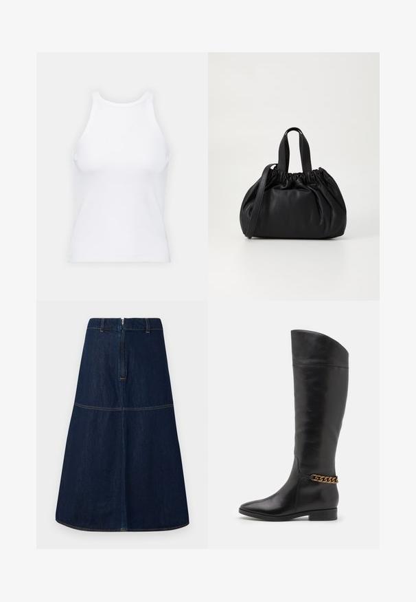 Débardeur blanc sans manches en tissu côtelé, doté d'un col rond et d'une silhouette ajustée, avec des coutures minimales et sans ornements.; Jupe évasée en denim foncé, d'une coupe mi-longue, dotée d'une fermeture éclair au dos, de coutures dorées contrastantes et d'un détail de couture horizontal.; Bottes en cuir noir hautes au design épuré, avec un bout pointu et un accent en chaîne dorée à la cheville. Talon bas en bloc. Texture lisse.; Sac à main en cuir noir avec un design à haut froncé, doté de deux poignées courtes et d'une bandoulière longue et réglable. Texture lisse, forme arrondie.