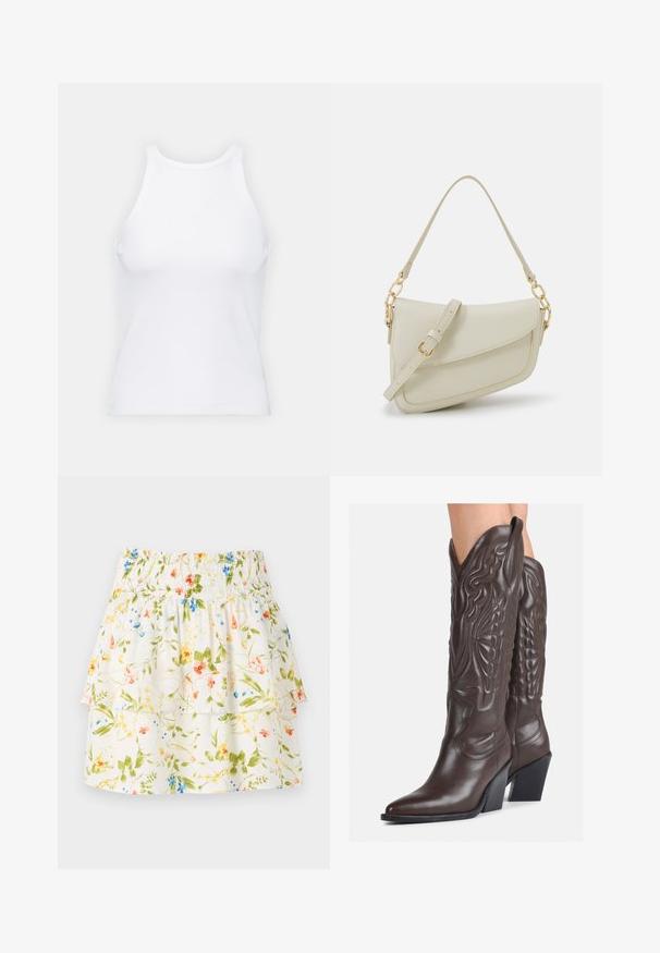 Bela brezrokavna majica iz rebraste tkanine, z zaobljenim izrezom in prilegajočim silhueto, z minimalnimi šivi in brez okraskov.; Obleka s cvetnim vzorcem, z nabranim pasom, nabrano plastjo in belo podlago, na kateri so zeleni, rdeči in modri cvetovi.; Rjave usnjene kavbojske čevlje z ostrim nosom in blok peto, ki vsebujejo podrobno šivanje in dvignjene dodatke na zgornjem delu.; Mala kremna torbica z teksturiranim zaključkom, dolgim nastavljivim trakom, verižnim poudarkom in zapiranjem na poklop. Detajli iz zlatega kovinskega materiala.