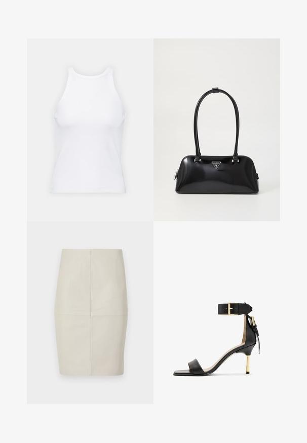 Top alb fără mâneci, confecționat din material ribbed, prezentând un decolteu rotund și o siluetă ajustată, cu cusături minime și fără ornamente.; Fustă creion din piele bej deschis, cu cusături verticale, formă structurată și textură netedă, având talie medie și fără accesorii vizibile.; Sandal cu toc înalt din piele neagră, cu vârf pătrat, curea pentru glezna cu cataramă aurie și toc metalic subțire. Textură netedă, design minimalist.; Geantă de mână lucioasă neagră, cu o siluetă curbată, două mânere și un plăcuță cu logo în față. Închidere cu fermoar și accente de metal strălucitor.