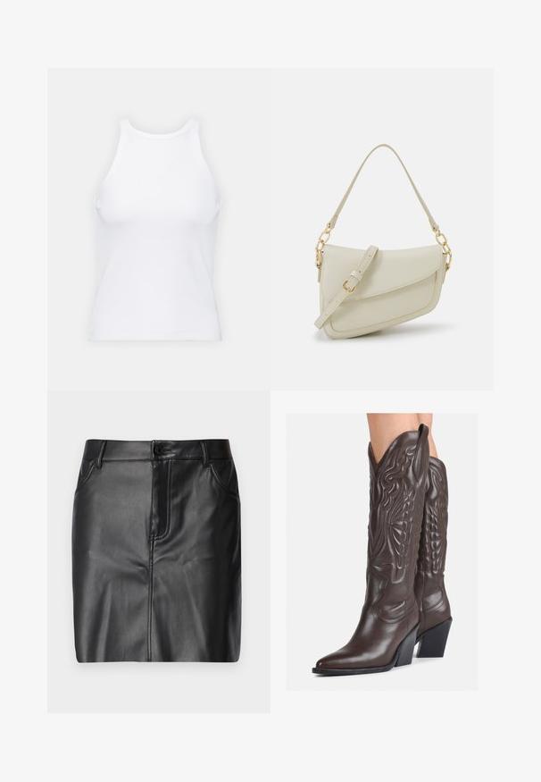 Top desportivo sem mangas, de cor branca, feito de tecido canelado, com decote arredondado e silhueta justa, apresentando costuras mínimas e sem adornos.; Saia de couro preta com uma textura suave, apresentando um design justo, bolsos frontais e um único fecho de botão na cintura.; Botas de cowboy em couro castanho com bico pontudo e salto quadrado, apresentando costuras detalhadas e realces elevados no cano.; Pequena bolsa de creme com um acabamento texturizado, uma alça longa ajustável, um detalhe em corrente e um fecho de aba. Detalhes em hardware dourado.