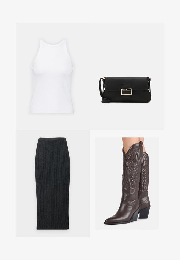 Top alb fără mâneci, confecționat din material ribbed, prezentând un decolteu rotund și o siluetă ajustată, cu cusături minime și fără ornamente.; Fustă midi tricotată ribbed de culoare gri închis, cu o siluetă ajustată și talie elastică. Prezintă dungi verticale pentru textură.; Bocanci de cowboy din piele maro, cu vârf ascuțit și toc pătrat, având cusături detaliate și accente ridicate pe tijă.; Geantă de mână din piele neagră, cu clapetă și un detaliu din metal auriu. Include o curea neagră și un design elegant, minimalist.