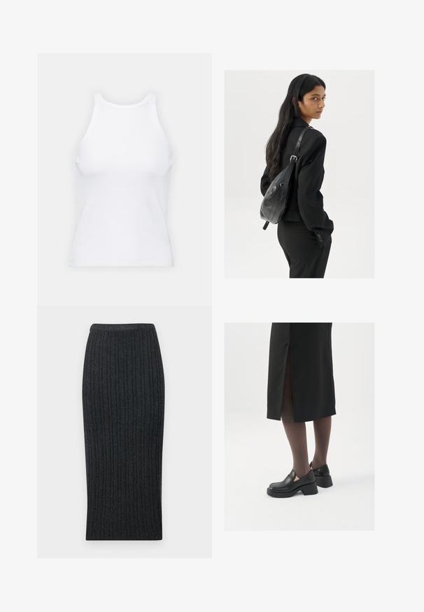 Balta bezpiedurkņu topiņš no ribotā auduma, ar noapaļotu kakla izgriezumu un pieguļošu siluetu, ar minimālām šuvēm un bez rotājumiem.; Tumši pelēks ribots adījuma midi svārki ar pieguļošu siluetu un elastīgu jostasvietu. Iekļauj vertikālu ribošanu, kas piešķir struktūru.; Melni ādas apavi ar noapaļotu purngalu, biezām bloku papēžiem un elastīgiem sānu akcentiem, apvienoti ar tumšām zeķubiksēm un melnu svārku ar šķirbu.; Sieviete ar garām tumšām matiem, ģērbusies melnā uzvalkā, nēsā melnu ādas plecu somu un skatās pāri plecam uz balta fona.; Sudraba gredzenveida auskari ar minimālistisku dizainu. Cirkulāra forma, gluda tekstūra un plāns profils. Vieglu svaru ar spīdīgu apdari.