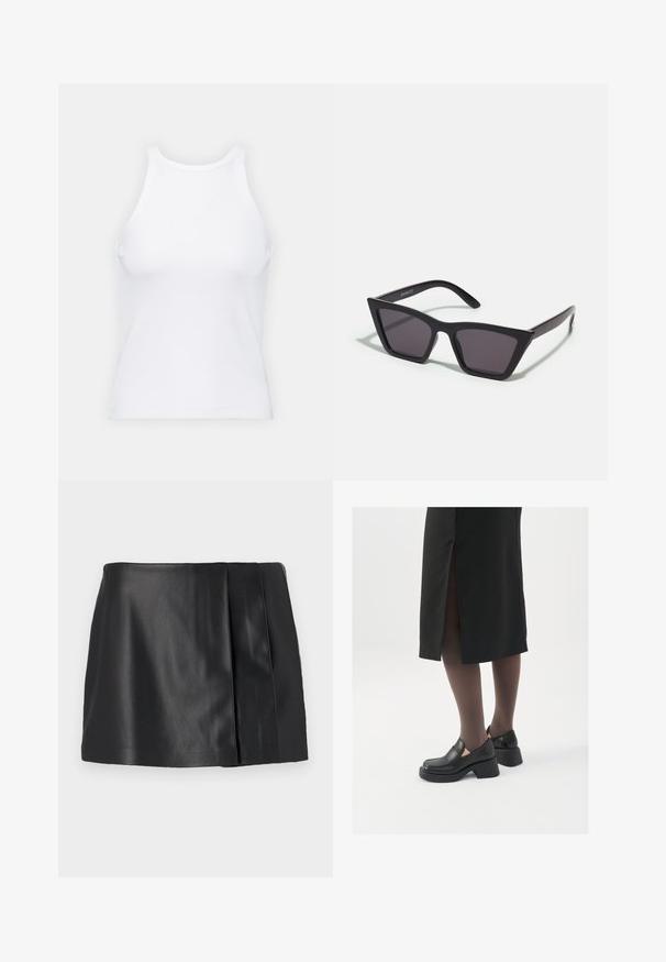 Weißes ärmelloses Tanktop aus geripptem Stoff, mit rundem Ausschnitt und figurbetonter Silhouette, minimalen Nähten und ohne Verzierungen.; Schwarzer Leder-Minirock mit einer glatten Textur, subtiler Glanz und einem gefältelten Design auf einer Seite. Keine sichtbaren Verschlüsse oder Verzierungen.; Schwarze Lederschuhe mit abgerundetem Zeh, dicker Blockabsatz und elastischen seitlichen Akzenten, kombiniert mit dunklen Strumpfhosen und einem schwarzen Rock mit Schlitz.; Schwarze, eckige Sonnenbrille mit grauen Gläsern; aus Kunststoff gefertigt, mit dicken Bügeln, die eine glatte Oberfläche und keine sichtbaren Beschläge haben.; Silberne Creolen mit gedrehter Gestaltung, ausgestattet mit einer polierten Oberfläche und einer Steckverschluss. Sie haben einen Durchmesser von ca. 3 cm.