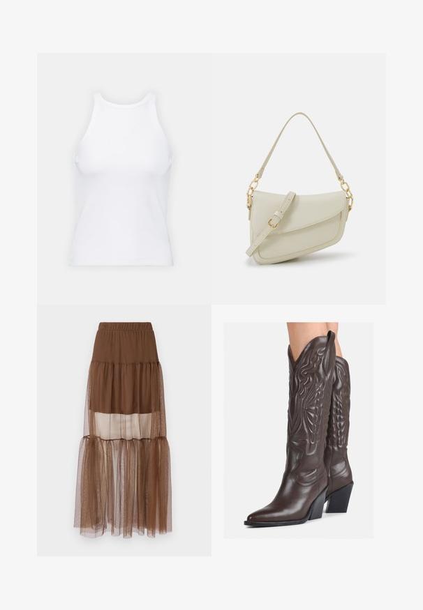 Valkoinen hihaton toppi, joka on valmistettu ribbikankaasta, ja jossa on pyöreä pääntie ja tiukka siluetti, minimaalisin saumoin ja ilman koristeita.; Ruskea kerroksellinen hame, jossa on elastinen vyötärö, joka sisältää sekoituksen peittävää ja läpinäkyvää kangasta, luoden pehmeän, teksturoitu ulkonäön.; Ruske nahkasaappaat, joissa on terävä kärki ja laatikkokorko, varustettu yksityiskohtaisella ompelulla ja kohotetuilla yksityiskohdilla varsiosassa.; Pieni kerma beige käsilaukku, jossa on teksturoitu pinta, pitkä säädettävä olkahihna, ketjua korostava yksityiskohta ja läppälukko. Kultaista metalliosaa.