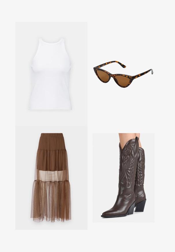 Weißes ärmelloses Tanktop aus geripptem Stoff, mit rundem Ausschnitt und figurbetonter Silhouette, minimalen Nähten und ohne Verzierungen.; Brauner, schichtweise gestalteter Rock mit elastischem Bund, der eine Mischung aus undurchsichtigen und transparenten Stoffschichten aufweist, was ein weiches, strukturiertes Erscheinungsbild erzeugt.; Braune Leder-Cowboy-Stiefel mit spitzem Punkt und Blockabsatz, die über detaillierte Stickereien und hervorgehobene Akzente am Schaft verfügen.; Katzenaugen-Sonnenbrille mit einem schwarz-orangenen Schildpattrahmen, braunen Gläsern und schlanken, spitzen Enden. Verfügt über ein minimalistisches Logo am Bügel.