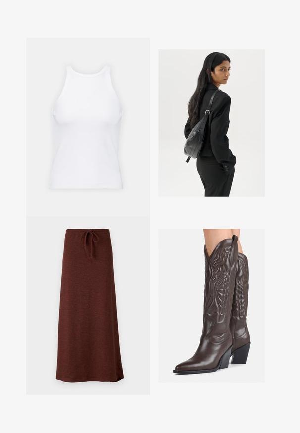 Weißes ärmelloses Tanktop aus geripptem Stoff, mit rundem Ausschnitt und figurbetonter Silhouette, minimalen Nähten und ohne Verzierungen.; Brauter, langer, gestrickter Rock mit verstellbarem Bund. Glatte Textur, leicht ausgestelltes Design und einfarbig ohne Muster oder Akzente.; Braune Leder-Cowboy-Stiefel mit spitzem Punkt und Blockabsatz, die über detaillierte Stickereien und hervorgehobene Akzente am Schaft verfügen.; Frau mit langen dunklen Haaren, die einen schwarzen Anzug trägt und eine schwarze Lederschultertasche hält, schaut über ihre Schulter vor einem weißen Hintergrund.