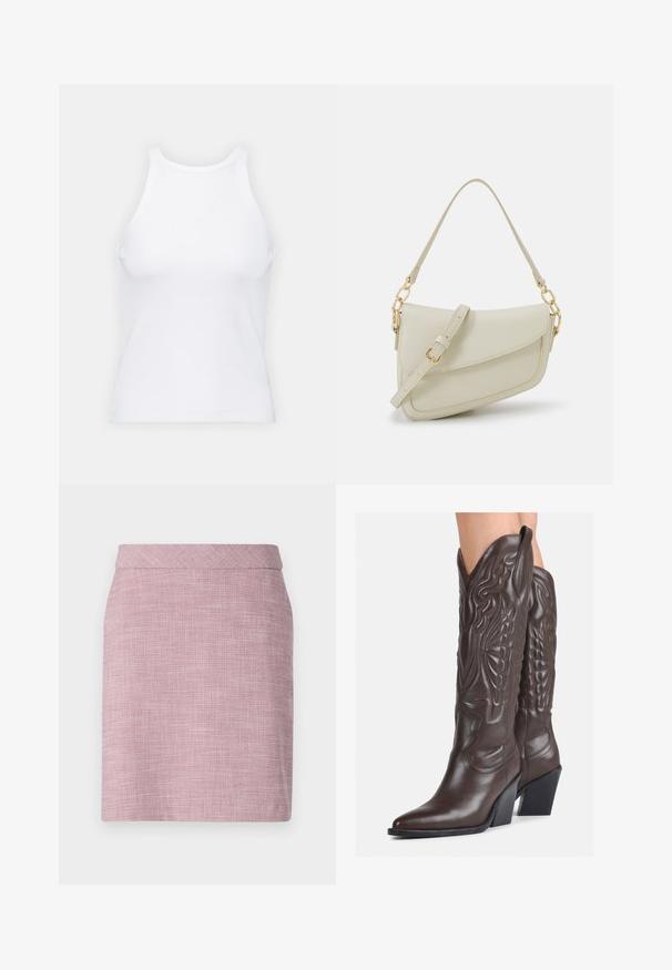 Weißes ärmelloses Tanktop aus geripptem Stoff, mit rundem Ausschnitt und figurbetonter Silhouette, minimalen Nähten und ohne Verzierungen.; Rosa gewebter Bleistiftrock mit glatter Textur, hohem Bund und gerader Silhouette. Minimalistisches Design ohne sichtbare Verzierungen.; Braune Leder-Cowboy-Stiefel mit spitzem Punkt und Blockabsatz, die über detaillierte Stickereien und hervorgehobene Akzente am Schaft verfügen.; Kleine cremefarbene Handtasche mit strukturiertem Finish, einem langen verstellbaren Tragegurt, einem Kettenakzent und einem Klappenverschluss. Goldene Hardware-Details.