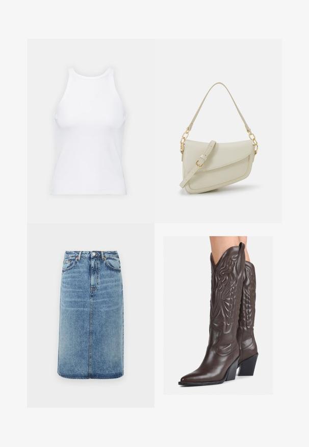 Witte mouwloze tanktop van ribstof, met een ronde halslijn en een aansluitende pasvorm, met minimale naden en zonder versieringen.; Denim rok in lichtblauw. Heeft een rechte silhouet, vijf zakken, en een knoopsluiting met riemlussen. Verweerde textuuraccenten.; Bruine leren cowboylaarzen met een spitse neus en blokhak, voorzien van gedetailleerde stiksels en verhoogde accenten op de schacht.; Kleine crèmekleurige handtas met een textuurafwerking, een lange verstelbare schouderband, een kettingaccent en een klepsluiting. Gouden hardware-details.