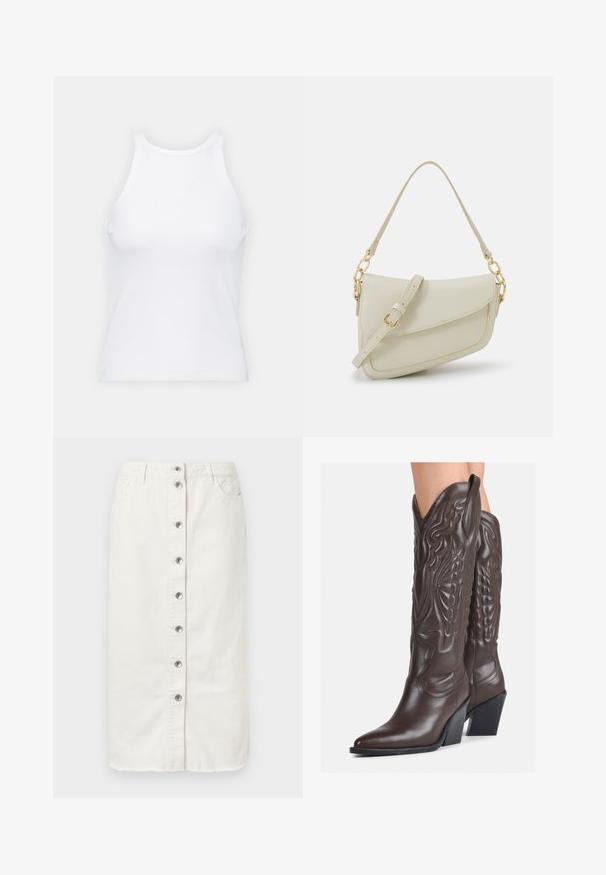 Débardeur blanc sans manches en tissu côtelé, doté d'un col rond et d'une silhouette ajustée, avec des coutures minimales et sans ornements.; Jupe midi en denim blanc avec fermeture à boutons sur le devant, deux poches latérales et des accents brodés à la taille. Présente un ourlet brut.; Bottes de cowboy en cuir marron avec un bout pointu et un talon bloc, présentant des coutures détaillées et des accents en relief sur la tige.; Petit sac à main crème avec une finition texturée, une longue sangle réglable, un accent en chaîne et une fermeture à rabat. Détails en matériel doré.