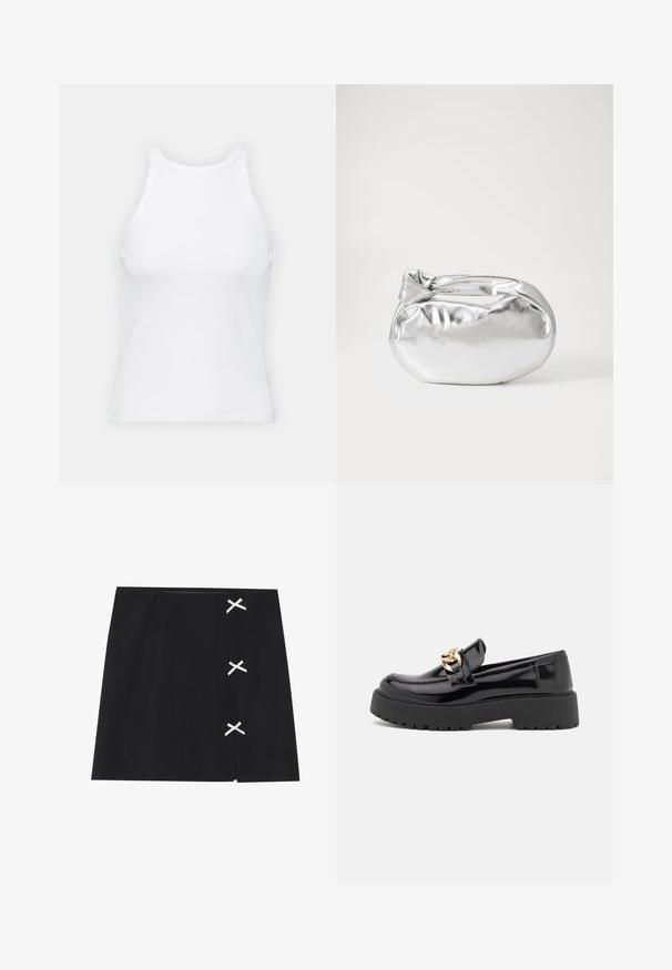 Baltas be rankovių marškinėlis, pagamintas iš išklotinės medžiagos, su apvaliu iškirpimu ir prigludusia siluetu, minimaliais siūlais ir be dekoracijų.; Juoda mini sijonas su lygiu paviršiumi, su baltomis kryžminėmis juostelėmis kairėje pusėje. Paprasta dizaino koncepcija su tiesiu kirpimu.; Juodi patentiniai odiniai loaferiai su masyviu juodu padu ir auksiniais detalėmis. Lygus paviršius ir apvalus pirštų dizainas.; Sidabrinė metalinė maišelio forma su švelnia, apvalia forma ir mazgu užveriamu viršumi. Pagaminta iš lygios dirbtinės odos medžiagos.