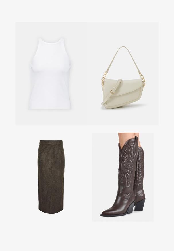 Hvid ærmeløs tanktop lavet af ribbet stof, med en rund halsudskæring og en tætsiddende silhuet, med minimale sømme og ingen pynt.; Pieces Maxinederdele - morel; Brune læder cowboystøvler med spids tå og blokhæle, med detaljeret syning og forhøjede accenter på skaftet.; Lille cremehåndtaske med tekstureret overflade, en lang justerbar rem, en kædeaccent og flaplukning. Detaljer i guldhardware.
