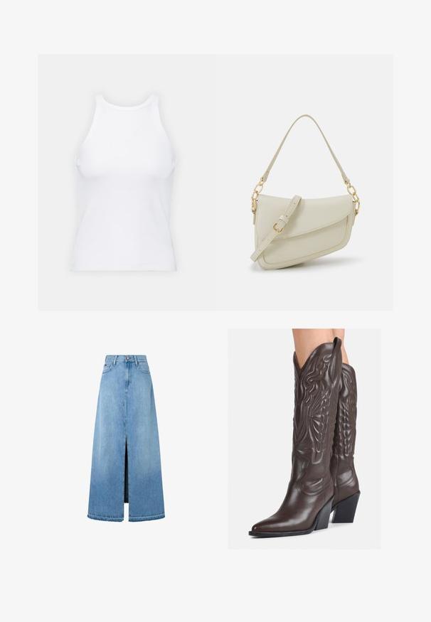 Bela brezrokavna majica iz rebraste tkanine, z zaobljenim izrezom in prilegajočim silhueto, z minimalnimi šivi in brez okraskov.; Svetlo modra denim maksi krila s sprednjim razporkom, tipična A-linija, dokončan rob in klasičen dizajn s petimi žepi. Zapenjanje z gumbom pri pasu.; Rjave usnjene kavbojske čevlje z ostrim nosom in blok peto, ki vsebujejo podrobno šivanje in dvignjene dodatke na zgornjem delu.; Mala kremna torbica z teksturiranim zaključkom, dolgim nastavljivim trakom, verižnim poudarkom in zapiranjem na poklop. Detajli iz zlatega kovinskega materiala.; Srebrni uhani v obliki obročka s spiralnim dizajnom, ki imajo sijajno površino in zapiralo na zadnji strani. Mere znašajo približno 3 cm v premeru.