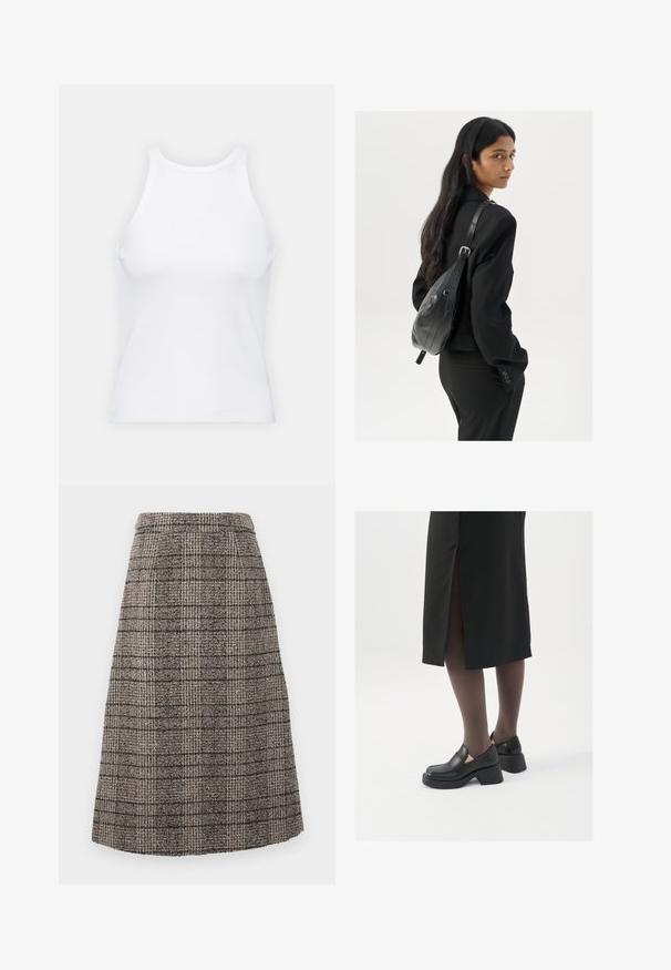 Débardeur blanc sans manches en tissu côtelé, doté d'un col rond et d'une silhouette ajustée, avec des coutures minimales et sans ornements.; Jupe crayon en mélange de laine avec un motif tartan brun et gris, design structuré et finitions soignées à l'ourlet.; Chaussures noires en cuir avec un bout arrondi, un épais talon bloc et des accents latéraux élastiques, associées à des bas foncés et une jupe noire avec une fente.; Femme avec de longs cheveux foncés portant un costume noir, portant un sac à épaule en cuir noir, regardant par-dessus son épaule contre un fond blanc.; Boucles d'oreilles en argent en forme de créoles avec un design torsadé, dotées d'une finition polie et d'une fermeture à poussoir. Mesurent environ 3 cm de diamètre.
