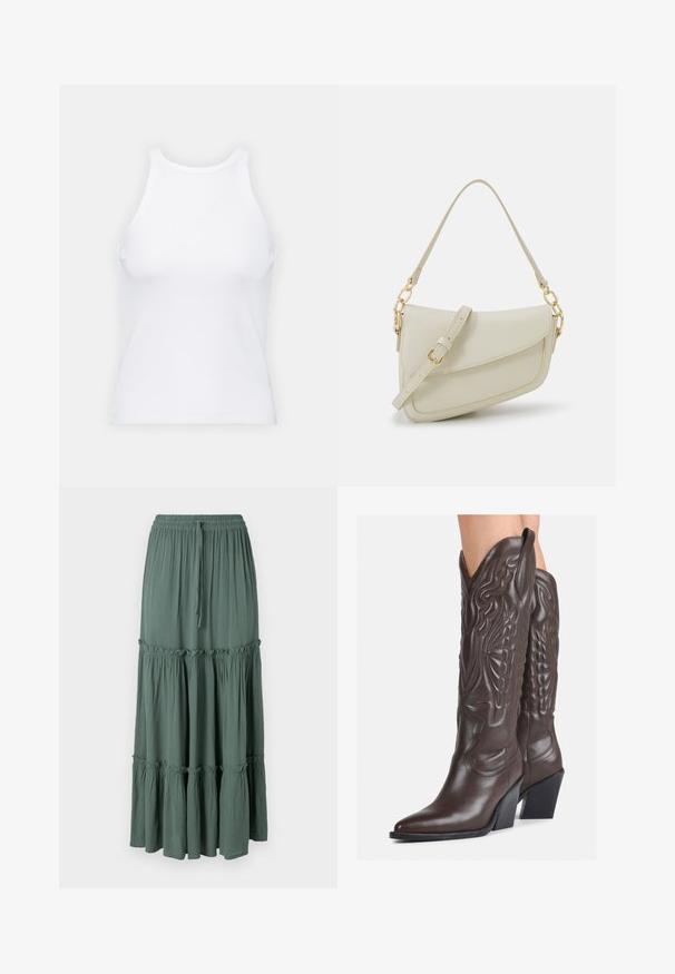 Débardeur blanc sans manches en tissu côtelé, doté d'un col rond et d'une silhouette ajustée, avec des coutures minimales et sans ornements.; Jupe longue à volants en vert doux. Fabriquée en tissu léger avec une taille élastique et un cordon de serrage, comportant des accents froncés aux coutures.; Bottes de cowboy en cuir marron avec un bout pointu et un talon bloc, présentant des coutures détaillées et des accents en relief sur la tige.; Petit sac à main crème avec une finition texturée, une longue sangle réglable, un accent en chaîne et une fermeture à rabat. Détails en matériel doré.; Boucles d'oreilles en argent en forme de créoles avec un design torsadé, dotées d'une finition polie et d'une fermeture à poussoir. Mesurent environ 3 cm de diamètre.