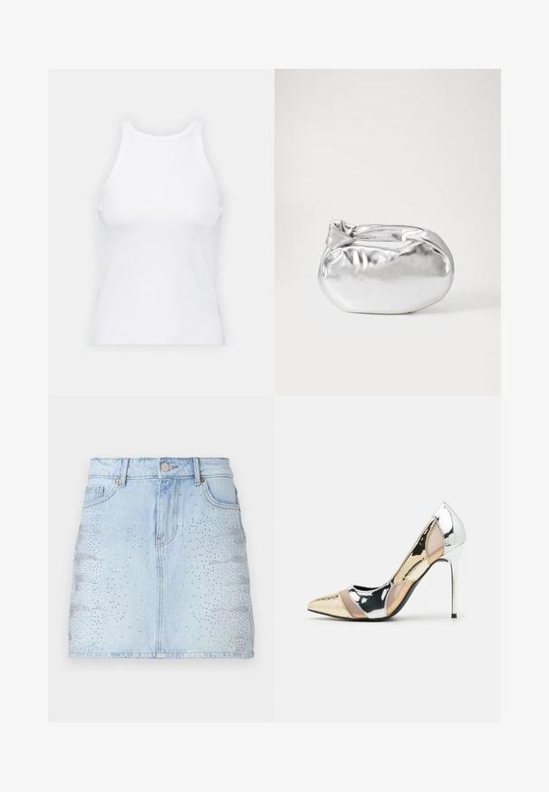 Hvit ermeløs tanktop laget av ribbet stoff, med rund hals og en tettsittende silhuett, med minimale sømmer og ingen dekorasjoner.; Lys blå denimnederdel med teksturert naglemønster, fem lommer og knappelukking foran. Har en rett, tettsittende design.; Spiss-tå høyhælte sko med en fargekomposisjon av sølv, gull og nude. Glanset overflate med utskjæringsdesign, med en stiletto hæl.; Sølvfarget metallisk poseveske med en myk, avrundet form og en knyttet topplukking. Laget av glatt imitert skinn.; Sølv hoops øredobber med en tvistet design, som har en polert finish og bakstøtte. Mål omtrent 3 cm i diameter.