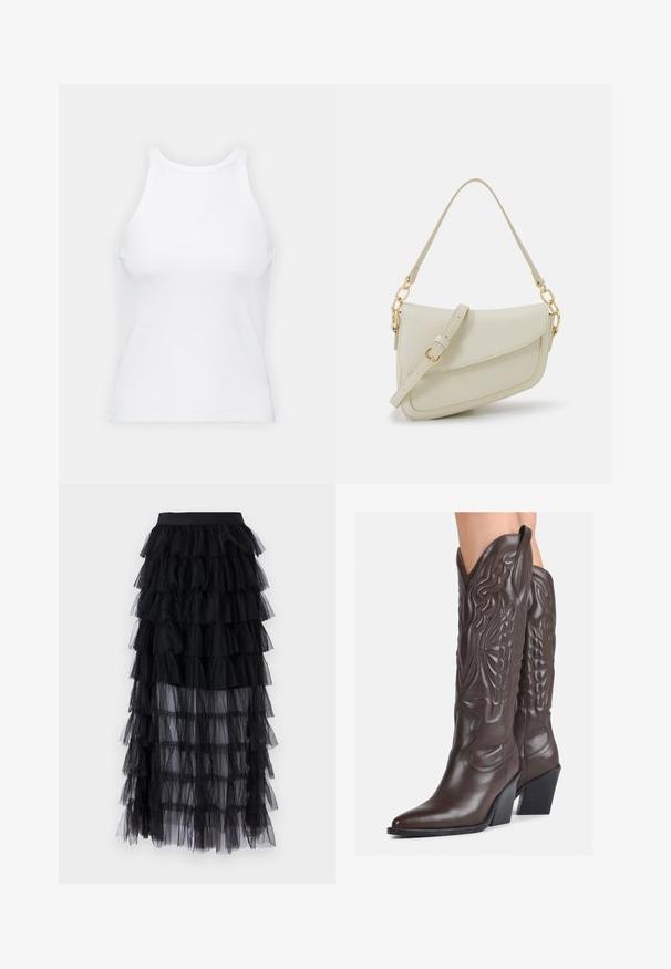 Bijela majica bez rukava napravljena od rebraste tkanine, s okruglim izrezom i uklapajućim siluetom, s minimalnim šavovima i bez ukrasa.; VILA VIEVELYN MIDI SKIRT - Velika suknja - black; Smeđe kožne kauboj čizme s šiljastim vrhom i blok-potpeticom, s detaljno izvezenim šavovima i uzdignutim naglascima na okovu.; Mala krem torbica s teksturiranim finišom, dugačkim podesivim remenom, lančanim detaljem i preklopom. Zlaćani hardver.; Srebrne naušnice s obručima i uvijenim dizajnom, s poliranim završetkom i pričvršćivanjem na stražnjoj strani. Mjere otprilike 3 cm u promjeru.