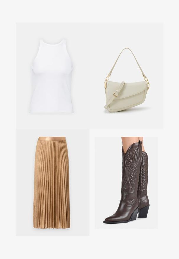 Fehér ujjatlan trikó ribbed anyagból, lekerekített nyakkivágással és testhez simuló siluettel, minimális varrásokkal és díszítések nélkül.; JDY JDYAMALFI MIDI PLEAT SKIRT - Maxi szoknya - sepia tint; Barna bőr cowboy csizmák hegyes orral és blokk sarkal, részletes varrással és kiemelkedő díszítésekkel a szárán.; Kis krémszínű táska texturált felülettel, hosszú, állítható pánttal, láncos díszítéssel és fedéllel záródik. Aranyszínű fém részletek.