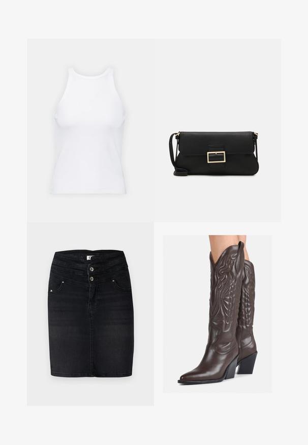 Fehér ujjatlan trikó ribbed anyagból, lekerekített nyakkivágással és testhez simuló siluettel, minimális varrásokkal és díszítések nélkül.; Fekete farmer szoknya, testhezálló szabással, derékon két gombbal, és elülső zsebekkel, oldalán finom logó részlettel.; Barna bőr cowboy csizmák hegyes orral és blokk sarkal, részletes varrással és kiemelkedő díszítésekkel a szárán.; Fekete bőr kézitáska hajtóka részlettel és aranyszínű fém csattal. Tartalmaz egy fekete pántot és egy letisztult, minimális dizájnt.