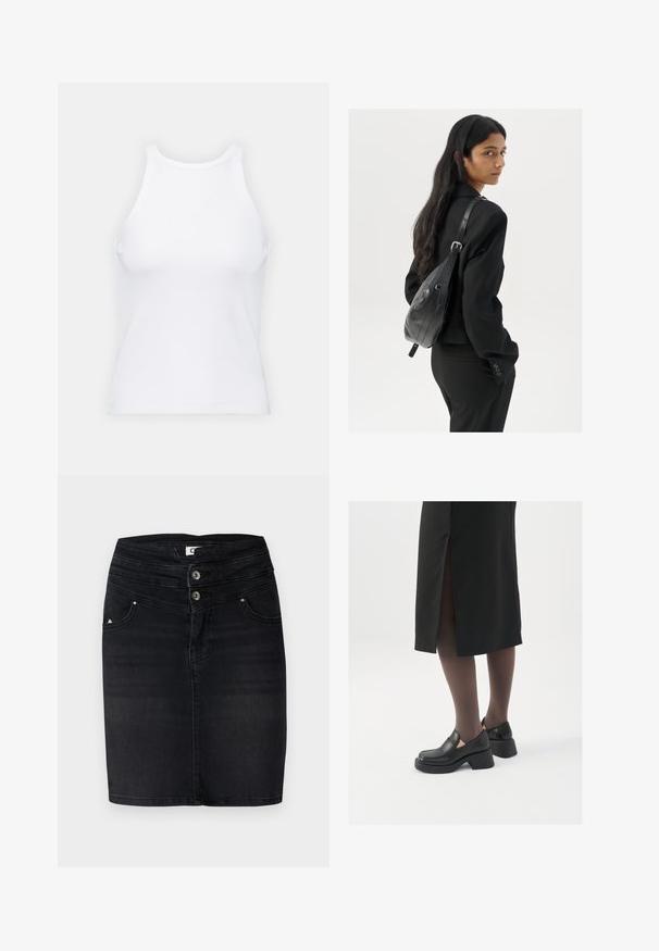 Valkoinen hihaton toppi, joka on valmistettu ribbikankaasta, ja jossa on pyöreä pääntie ja tiukka siluetti, minimaalisin saumoin ja ilman koristeita.; Mustat farkkuhame, jossa on muotoiltu malli, kaksi nappia vyötäröllä ja etutaskut, joissa on hienovarainen logoyksityiskohta sivussa.; Mustat nahkakengät pyöreällä kärjellä, paksulla lohkopohjalla ja joustavilla sivuakkesseilla, yhdistettynä tummiin sukkahousuihin ja mustaan hameeseen, jossa on halkio.; Nainen, jolla on pitkä tumma hius, pukeutuneena mustaan pukuun, kantaa mustaa nahkatoimistolaukku ja katsoo yli olkansa valkoista taustaa vasten.; Hope hopea, joissa on kierren muotoilu, kiiltävä pinta ja takana kiinnitettävä suljin. Halkaisija noin 3 cm.