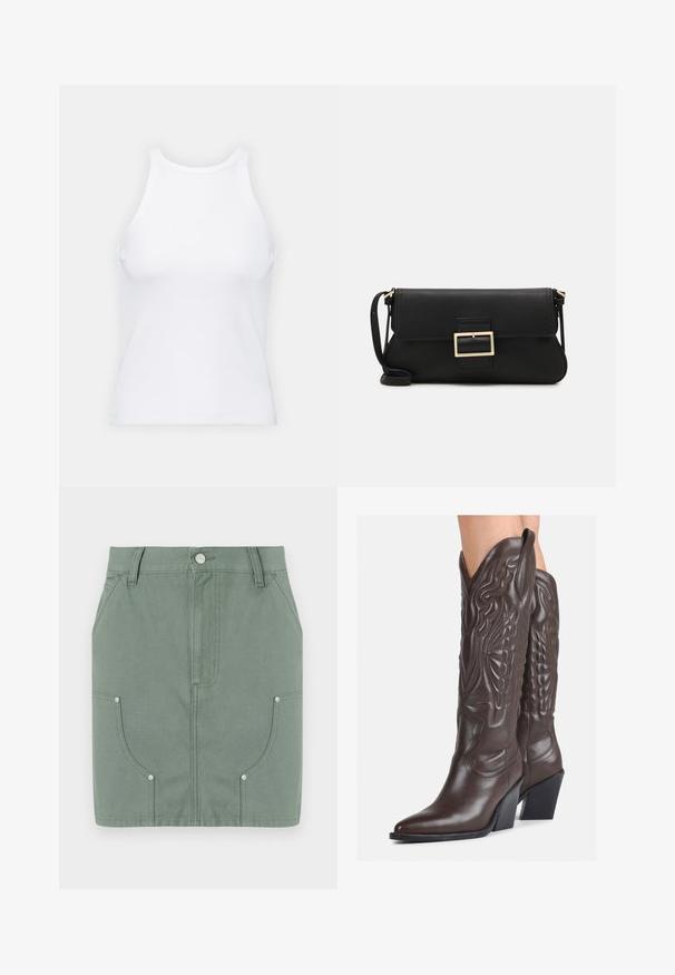 Witte mouwloze tanktop van ribstof, met een ronde halslijn en een aansluitende pasvorm, met minimale naden en zonder versieringen.; Groene katoenen rok met een fitted ontwerp, voorzien van voorzakken, een gladde textuur en metalen hardwareaccenten op de zakken.; Bruine leren cowboylaarzen met een spitse neus en blokhak, voorzien van gedetailleerde stiksels en verhoogde accenten op de schacht.; Zwarte leren clutch met een klep en een gouden metalen sluiting. Inclusief een zwarte schouderband en een slank, minimalistisch ontwerp.; Gouden oorringen, dun en rond van vorm, met een gladde metallic afwerking en zonder versieringen of patronen.