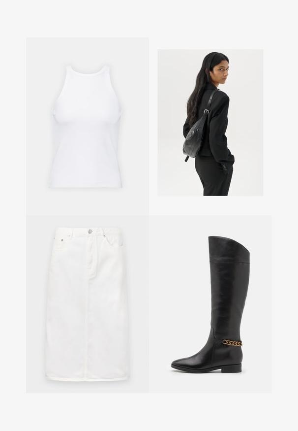Weißes ärmelloses Tanktop aus geripptem Stoff, mit rundem Ausschnitt und figurbetonter Silhouette, minimalen Nähten und ohne Verzierungen.; Weiße Jeansrock mit einem Frontreißverschluss, Fünf-Taschen-Design und geradem Schnitt mit Nähtelementen.; Hohe schwarze Lederstiefel mit elegantem Design, spitzer Zehe und einem goldenen Kettenakzent am Knöchel. Tiefer Blockabsatz. Glatte Textur.; Frau mit langen dunklen Haaren, die einen schwarzen Anzug trägt und eine schwarze Lederschultertasche hält, schaut über ihre Schulter vor einem weißen Hintergrund.