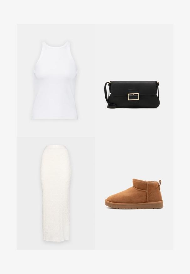 Bela brezrokavna majica iz rebraste tkanine, z zaobljenim izrezom in prilegajočim silhueto, z minimalnimi šivi in brez okraskov.; Gina Tricot STRUCTURE MAXI SKIRT - Dolgo krilo - white; Call it Spring JAMIELEE - Zimski škornji - camel; Črna usnjena torbica na preklop z zlato kovinsko zaponko. Vključuje črn trak in eleganten, minimalističen dizajn.; Zlate obroče ušesne uhane, tanke in krožne oblike, z gladko kovinsko površino brez okrasnih elementov ali vzorcev.
