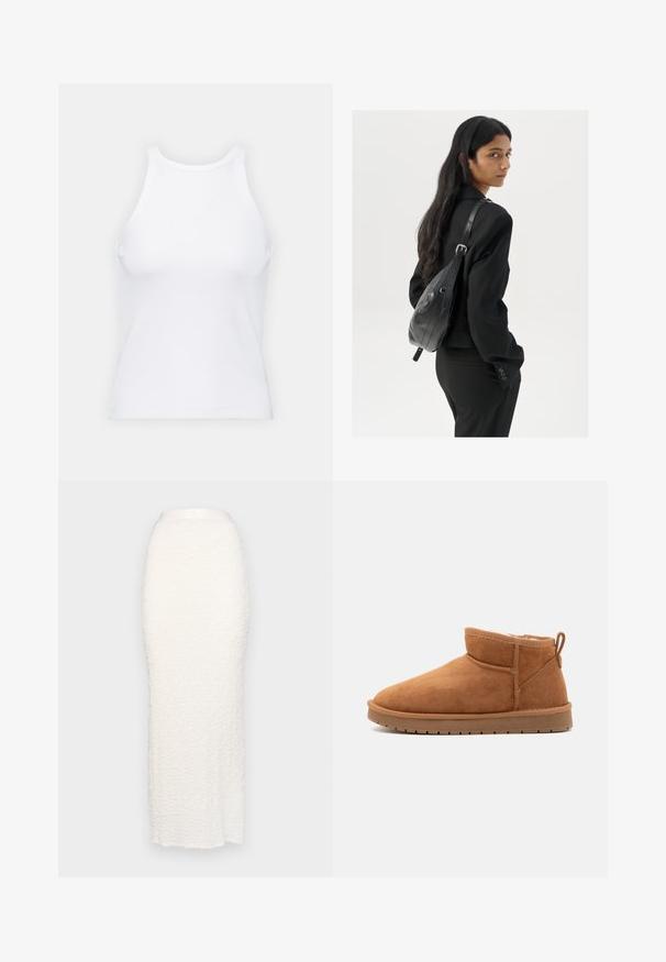 Top alb fără mâneci, confecționat din material ribbed, prezentând un decolteu rotund și o siluetă ajustată, cu cusături minime și fără ornamente.; Gina Tricot STRUCTURE MAXI SKIRT - Fustă maxi - white; Call it Spring JAMIELEE - Cizme de iarnă - camel; Femeie cu păr lung și închis la culoare, îmbrăcată într-un costum negru, purtând o geantă de umăr din piele neagră, privind peste umăr, pe un fundal alb.