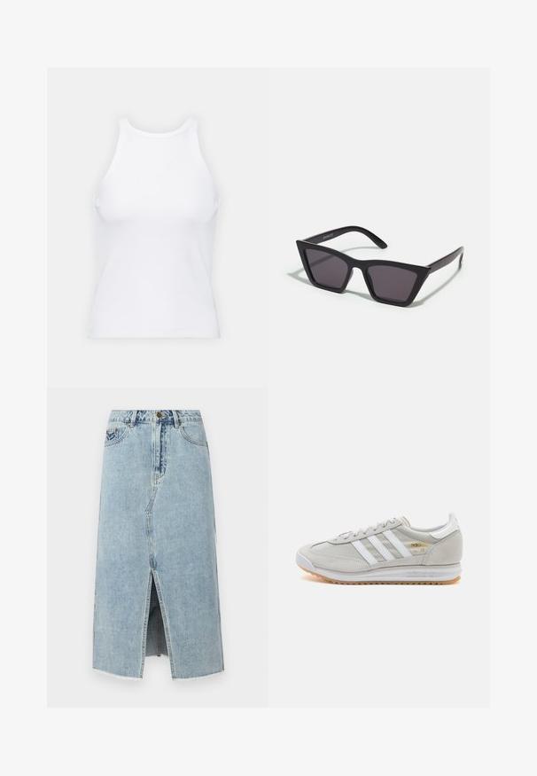Baltas be rankovių marškinėlis, pagamintas iš išklotinės medžiagos, su apvaliu iškirpimu ir prigludusia siluetu, minimaliais siūlais ir be dekoracijų.; Šviesiai mėlynas džinsinis sijonas su priekinėmis plyšio detalėmis, nusitrynusia apdaila, penkiomis kišenėmis ir sagos uždariais ant juosmens. Klasikinio tiesaus kirpimo dizainas.; Šviesiai pilki sportbačiai, pagaminti iš zomšos ir tinklinės medžiagos, su trimis baltais dryžiais, apvaliu pirštu ir guma padu. Auksinė logotipo detalė šalia raištelių.; Juodos, kampuotos saulės akinios su pilkais stiklais; pagaminti iš plastiko, su storomis šakėmis, turinčiomis lygų paviršių ir be matomų detalių.