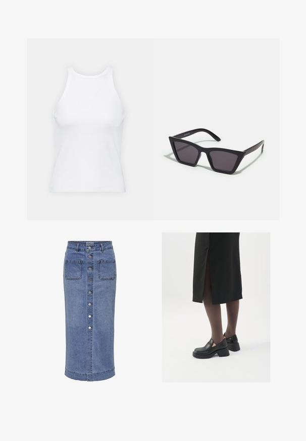 Bijela majica bez rukava napravljena od rebraste tkanine, s okruglim izrezom i uklapajućim siluetom, s minimalnim šavovima i bez ukrasa.; Traper midi suknja s prednjim kopčanjem na gumbe, dva stražnja džepa, svijetloplava boja i ravni kroj, s detaljima šivanja uz šavove.; Crne kožne cipele s zaobljenim vrhom, debelim blok petama i elastičnim bočnim detaljima, uparene s tamnim čarapama i crnom suknjom s prorezom.; Crne, uglaste sunčane naočale sa sivoj lećama; izrađene od plastike, imaju debele nogice s glatkom površinom i bez vidljivih metalnih dijelova.; Mala krem torbica s teksturiranim finišom, dugačkim podesivim remenom, lančanim detaljem i preklopom. Zlaćani hardver.; Srebrne okrugle naušnice s minimalističkim dizajnom. Kružni oblik, glatka tekstura i tanak profil. Lagane s poliranim završetkom.