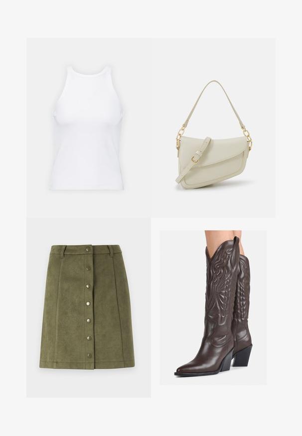 Valkoinen hihaton toppi, joka on valmistettu ribbikankaasta, ja jossa on pyöreä pääntie ja tiukka siluetti, minimaalisin saumoin ja ilman koristeita.; Oliivinvihreä hame, joka on valmistettu pehmeästä mokkamaisesta materiaalista. Siinä on edessä metallinapeilla varustettu nappisulku ja suora leikkaus.; Ruske nahkasaappaat, joissa on terävä kärki ja laatikkokorko, varustettu yksityiskohtaisella ompelulla ja kohotetuilla yksityiskohdilla varsiosassa.; Pieni kerma beige käsilaukku, jossa on teksturoitu pinta, pitkä säädettävä olkahihna, ketjua korostava yksityiskohta ja läppälukko. Kultaista metalliosaa.