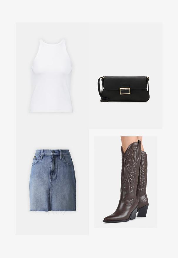 Biela bezrukávová tielko vyrobené z rebrovanej látky, s okrúhlym výstrihom a priliehavým strihom, s minimálnymi švami a bez ozdôb.; Džínová mini sukňa vo vyblednutej modrej farbe s rozstrapkaným lemom, päť-priehradkovým dizajnom a tradičným zapínaním na gombík. Bavlnená tkanina s jemnou textúrou.; Hnedé kožené kovbojské topánky s špicatou špičkou a blokovým podrážkou, so zložitým prešívaním a vyvýšenými akcentmi na puzdre.; Čierna kožená clutch taška s klopou a zlatým kovovým detailom s prackou. Obsahuje čierny remienok a elegantný, minimalistický dizajn.