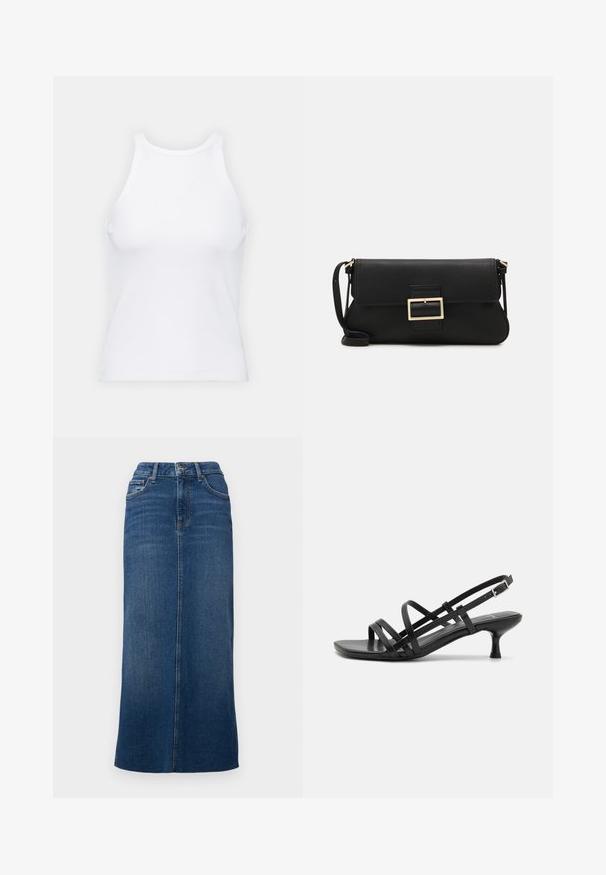 Top alb fără mâneci, confecționat din material ribbed, prezentând un decolteu rotund și o siluetă ajustată, cu cusături minime și fără ornamente.; Fustă midi din denim de culoare albastru închis, cu croială dreaptă, talie cu bucle pentru curea și o fendue centrală la spate pentru ușurința mișcării.; Sandale negre cu toc, cu mai multe curele încrucișate. Material neted, vârf ascuțit și toc subțire. Curea ajustabilă la gleznă cu cataramă.; Geantă de mână din piele neagră, cu clapetă și un detaliu din metal auriu. Include o curea neagră și un design elegant, minimalist.; Cercei din metal de culoare aurie cu un design elegant și curbat. Prezintă o formă distinctivă, ascuțită, o suprafață lustruită și un sistem de închidere cu balama.