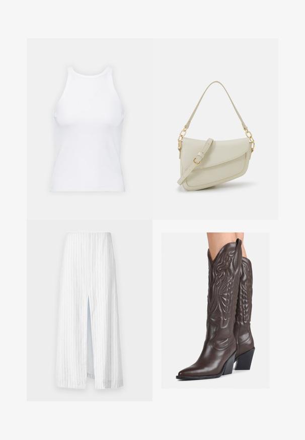 Baltas be rankovių marškinėlis, pagamintas iš išklotinės medžiagos, su apvaliu iškirpimu ir prigludusia siluetu, minimaliais siūlais ir be dekoracijų.; Balta midi sijonas su vertikaliomis pilkomis juostelėmis, turintis priekinę skaidrę. Pagamintas iš lengvos medžiagos, jis suteikia atsipalaidavusį, struktūruotą siluetą.; Rudos odinės kaubojaus batai su smailiu priekiu ir blokuotu kulnu, pasižymintys detaliu siuvinėjimu ir iškiliais akcentais ant ašies.; Mažas kreminis rankinukas su tekstūruotu paviršiumi, ilga reguliuojama juostele, grandinėle ir užsegimu su atvartu. Aukso detalės.
