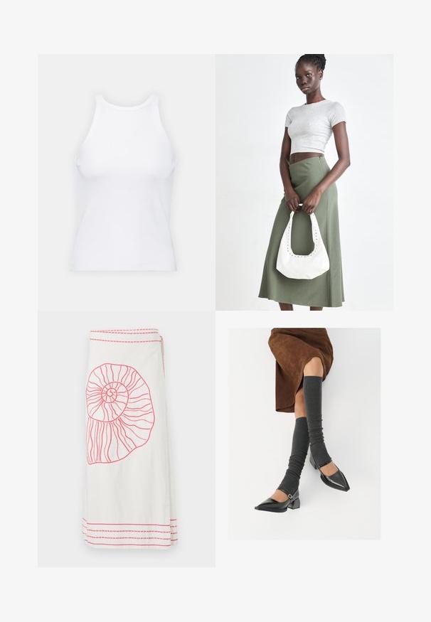 Biela bezrukávová tielko vyrobené z rebrovanej látky, s okrúhlym výstrihom a priliehavým strihom, s minimálnymi švami a bez ozdôb.; Biela sukňa s veľkým vyšívaným dizajnom narvalovej mušle v ružovej farbe a kontrastnými ružovými horizontálnymi pruhmi na leme a páse.; Čierne lakované kožené topánky s špicatou špičkou, blokovým podpätkom a členkovým remienkom, ktoré sú kombinované so šedými rebrovanými legínami a hnedou zamšovou sukňou.; Sivý pruhovaný crop top a olivovo zelená sukňa s vysokým pásom. Model drží bielu ramennú tašku s vyrezávanými detailmi. Jednoduchý dizajn, priliehavý strih.