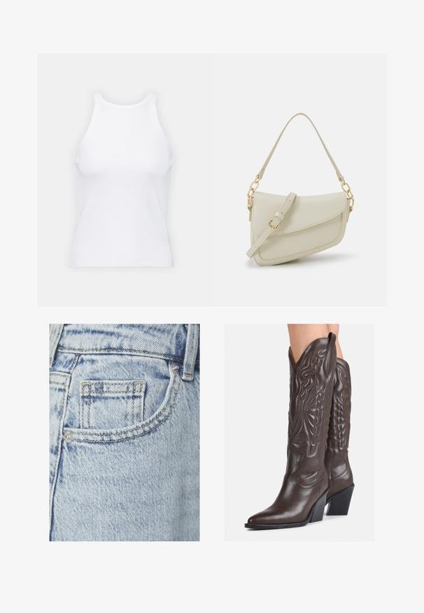 Bela brezrokavna majica iz rebraste tkanine, z zaobljenim izrezom in prilegajočim silhueto, z minimalnimi šivi in brez okraskov.; Svjetloplave traperice s malim stražnjim džepom vidljivim šavovima i metalnom zakovicom, s suptilnom izblijedjelom teksturom.; Rjave usnjene kavbojske čevlje z ostrim nosom in blok peto, ki vsebujejo podrobno šivanje in dvignjene dodatke na zgornjem delu.; Mala kremna torbica z teksturiranim zaključkom, dolgim nastavljivim trakom, verižnim poudarkom in zapiranjem na poklop. Detajli iz zlatega kovinskega materiala.
