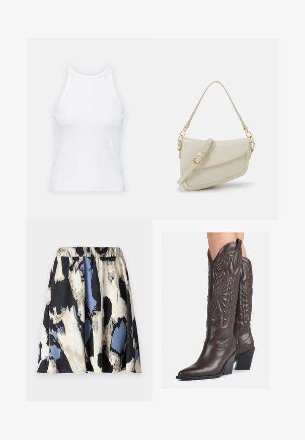 Fehér ujjatlan trikó ribbed anyagból, lekerekített nyakkivágással és testhez simuló siluettel, minimális varrásokkal és díszítések nélkül.; Rövid, redőzött szoknya rugalmas derékkal, absztrakt mintával krém, fekete és kék árnyalatokban, sima anyagból készült.; Barna bőr cowboy csizmák hegyes orral és blokk sarkal, részletes varrással és kiemelkedő díszítésekkel a szárán.; Kis krémszínű táska texturált felülettel, hosszú, állítható pánttal, láncos díszítéssel és fedéllel záródik. Aranyszínű fém részletek.