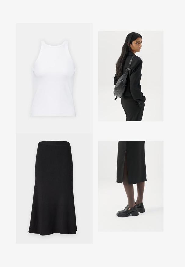 Top alb fără mâneci, confecționat din material ribbed, prezentând un decolteu rotund și o siluetă ajustată, cu cusături minime și fără ornamente.; Fustă tricotată neagră, cu un talie ajustată și un tiv bombat. Textură netedă, design până la genunchi, cu un model de nervuri uniform distribuit.; Pantofi din piele neagră cu vârful rotund, toc bloc gros și accente elastice pe lateral, asortați cu colanți închiși la culoare și o fustă neagră cu o fanta.; Femeie cu păr lung și închis la culoare, îmbrăcată într-un costum negru, purtând o geantă de umăr din piele neagră, privind peste umăr, pe un fundal alb.