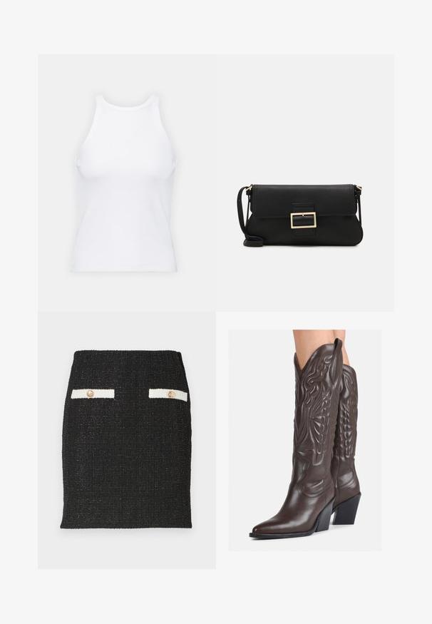 Fehér ujjatlan trikó ribbed anyagból, lekerekített nyakkivágással és testhez simuló siluettel, minimális varrásokkal és díszítések nélkül.; Fekete tweed szoknya textúrált anyagból, testhez álló fazonnal. Két fehér zsebfedél aranyszínű gombokkal díszítve.; Barna bőr cowboy csizmák hegyes orral és blokk sarkal, részletes varrással és kiemelkedő díszítésekkel a szárán.; Fekete bőr kézitáska hajtóka részlettel és aranyszínű fém csattal. Tartalmaz egy fekete pántot és egy letisztult, minimális dizájnt.; Ezüst karika fülbevalók csavart kialakítással, fényes felülettel és fülbevaló tűzáras zárással. Átmérőjük körülbelül 3 cm.