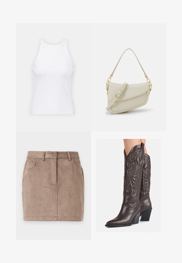 Top de tirantes blanco sin mangas hecho de tela acanalada, con un escote redondeado y una silueta ajustada, con costuras mínimas y sin adornos.; Falda mini de ante en tono marrón claro, con corte recto, cierre frontal de botones, cinco bolsillos y presillas para cinturón; textura suave y superficie lisa.; Botas de vaquero de cuero marrón con punta afilada y tacón cuadrado, que presentan costuras detalladas y acentos elevados en el caño.; Pequeño bolso de mano crema con un acabado texturizado, una correa larga y ajustable, un acento de cadena y cierre de solapa. Detalles en hardware dorado.