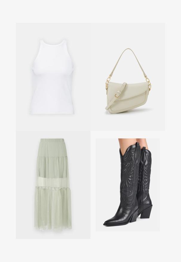 Witte mouwloze tanktop van ribstof, met een ronde halslijn en een aansluitende pasvorm, met minimale naden en zonder versieringen.; Lichtgroene gelaagde rok van doorschijnende stof, met een elastische tailleband en een luchtig, gelaagd ontwerp met een zachte textuur.; Zwarte leren cowboylaarzen met complexe geperste ontwerpen, een puntige neus en een stevige hak. Voorzien van gestikte accenten en trekbanden.; Kleine crèmekleurige handtas met een textuurafwerking, een lange verstelbare schouderband, een kettingaccent en een klepsluiting. Gouden hardware-details.