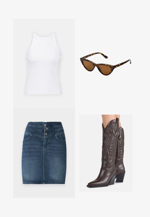 Baltas be rankovių marškinėlis, pagamintas iš išklotinės medžiagos, su apvaliu iškirpimu ir prigludusia siluetu, minimaliais siūlais ir be dekoracijų.; Tamsiai mėlynas džinsinis mini sijonas su dviem užsegimais, penkių kišenių dizainu ir tiesiu siluetu. Turi lygų paviršių ir minimalų blekimo efektą.; Rudos odinės kaubojaus batai su smailiu priekiu ir blokuotu kulnu, pasižymintys detaliu siuvinėjimu ir iškiliais akcentais ant ašies.; Katės akies saulės akiniai su juodu ir oranžiniu šarvuotu rėmeliu, ruda objektyvu ir elegantiškais, smailiais galiukais. Rėmelyje yra minimalus logotipas ant šventės.; Mažas kreminis rankinukas su tekstūruotu paviršiumi, ilga reguliuojama juostele, grandinėle ir užsegimu su atvartu. Aukso detalės.