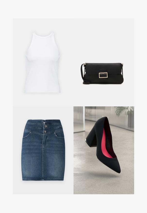 Biela bezrukávová tielko vyrobené z rebrovanej látky, s okrúhlym výstrihom a priliehavým strihom, s minimálnymi švami a bez ozdôb.; Džínová mini sukňa v tmavomodrej farbe s dvojitým zapínaním, dizajnom s piatimi vreckami a rovný strih. Má hladkú textúru a minimálne vyšúchanie.; Čierna lodička na vysokom opätku s špicatou špičkou, štruktúrovaným povrchom a živým ružovým interiérom. Obsahuje robustný opätok so strieborným akcentom.; Čierna kožená clutch taška s klopou a zlatým kovovým detailom s prackou. Obsahuje čierny remienok a elegantný, minimalistický dizajn.; Zlaté kruhové náušnice s hladkým, lesklým povrchom. Cirkulárny dizajn s malým steblom a jasným záznamom pre bezpečné nosenie.