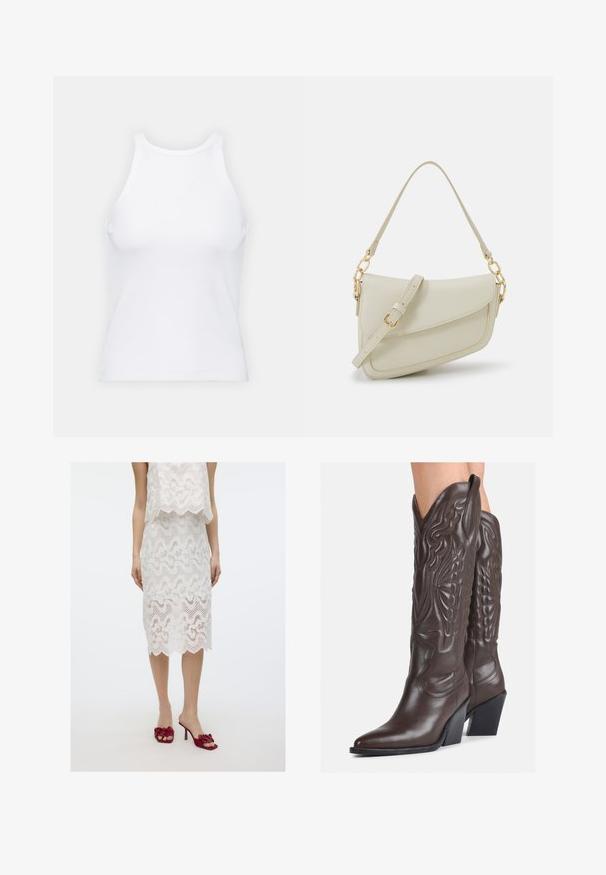 Biela bezrukávová tielko vyrobené z rebrovanej látky, s okrúhlym výstrihom a priliehavým strihom, s minimálnymi švami a bez ozdôb.; Biely čipkovaný dvojdielny set s vlnitým dizajnom, výstrihom do oblúka a textúrovanými detailmi; skombinovaný s červenými kvetinovými sandálmi na podpätku.; Hnedé kožené kovbojské topánky s špicatou špičkou a blokovým podrážkou, so zložitým prešívaním a vyvýšenými akcentmi na puzdre.; Malá krémová kabelka s textúrovaným povrchom, dlhým nastaviteľným popruhom, reťazovým detailom a klopovým uzáverom. Zlaté kovové prvky.