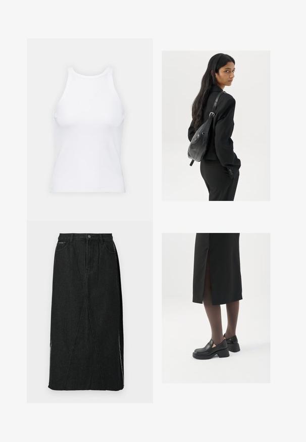 White sleeveless tank top made of ribbed fabric, featuring a rounded neckline and a fitted silhouette, with minimal seams and no embellishments.; Black denim skirt with a high waist, straight cut, and unique angled seams. Features side slits and a button closure at the waistband.; Black leather shoes with a rounded toe, thick block heel, and elastic side accents, paired with dark tights and a black skirt with a slit.; Woman with long dark hair wearing a black suit, carrying a black leather shoulder bag, looking over her shoulder against a white background.