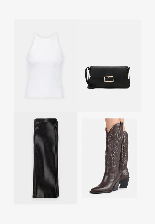 White sleeveless tank top made of ribbed fabric, featuring a rounded neckline and a fitted silhouette, with minimal seams and no embellishments.; Black pencil skirt with vertical stripes in white and light colors, featuring a waistband and two side pockets. Smooth fabric texture.; Brown leather cowboy boots with pointed toe and block heel, featuring detailed stitching and raised accents on the shaft.; Black leather clutch bag with a flap and a gold metal buckle detail. Includes a black strap and a sleek, minimalist design.; Silver hoop earrings with a twisted design, featuring a polished finish and post-back closure. Measure approximately 3 cm in diameter.