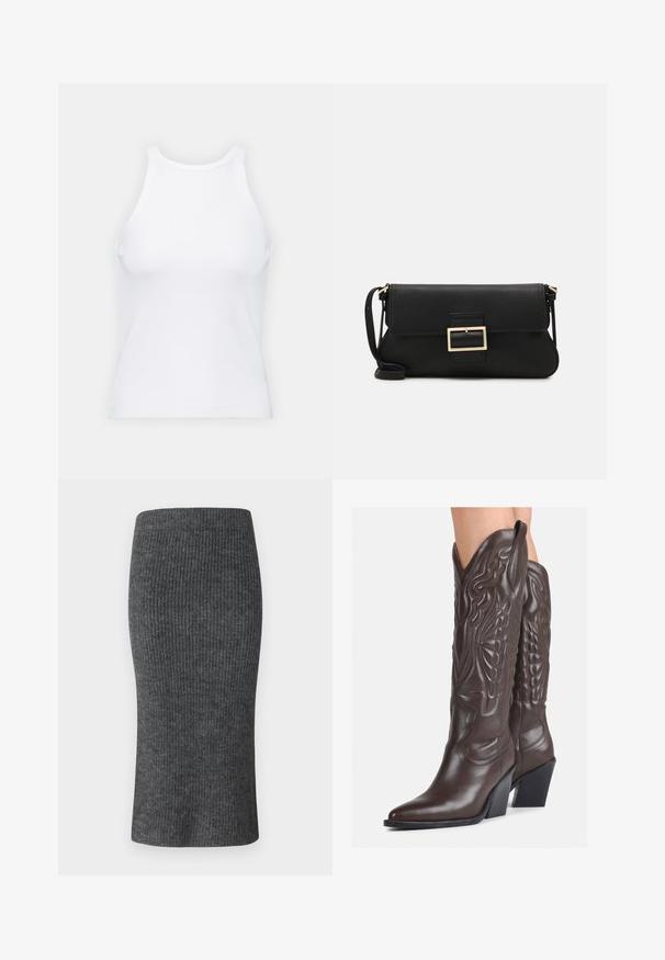 White sleeveless tank top made of ribbed fabric, featuring a rounded neckline and a fitted silhouette, with minimal seams and no embellishments.; Gray ribbed pencil skirt with a fitted shape, high waistband, and smooth texture. Designed for a streamlined silhouette.; Brown leather cowboy boots with pointed toe and block heel, featuring detailed stitching and raised accents on the shaft.; Black leather clutch bag with a flap and a gold metal buckle detail. Includes a black strap and a sleek, minimalist design.
