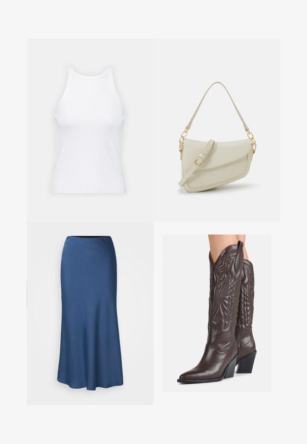 Bela brezrokavna majica iz rebraste tkanine, z zaobljenim izrezom in prilegajočim silhueto, z minimalnimi šivi in brez okraskov.; DRYKORN URA - Krilo A-kroja - blue-grey; Rjave usnjene kavbojske čevlje z ostrim nosom in blok peto, ki vsebujejo podrobno šivanje in dvignjene dodatke na zgornjem delu.; Mala kremna torbica z teksturiranim zaključkom, dolgim nastavljivim trakom, verižnim poudarkom in zapiranjem na poklop. Detajli iz zlatega kovinskega materiala.