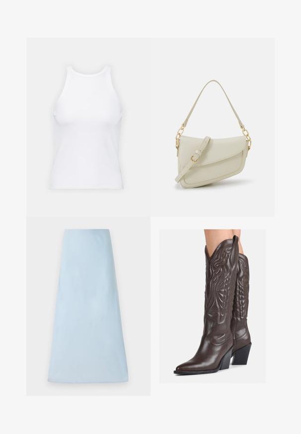 Débardeur blanc sans manches en tissu côtelé, doté d'un col rond et d'une silhouette ajustée, avec des coutures minimales et sans ornements.; Jupe A-line bleu clair en tissu lisse, avec un design épuré sans motifs ni accents visibles, atteignant une longueur mi-mollet.; Bottes de cowboy en cuir marron avec un bout pointu et un talon bloc, présentant des coutures détaillées et des accents en relief sur la tige.; Petit sac à main crème avec une finition texturée, une longue sangle réglable, un accent en chaîne et une fermeture à rabat. Détails en matériel doré.