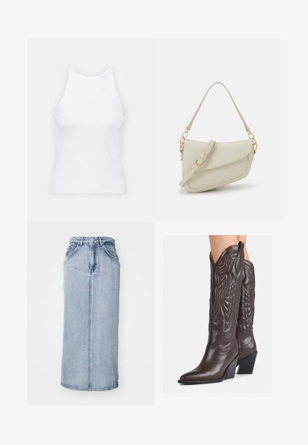 Vit ärmlös linne av ribbat tyg, med rundad halsringning och smal silhuett, med minimala sömmar och utan dekorationer.; Ljusblå denim midi-kjol med en åtsittande midja, främre söm och sidofickor; har en lätt urtvättad textur.; Bruna lädercowboystövlar med spetsig tå och klossklack, med detaljerad sömnad och upphöjda accenter på skaftet.; Liten gräddfärgad handväska med en strukturerad finish, en lång justerbar rem, en kedjedetalj och en klaffstängning. Guldfärgad hårdvara.
