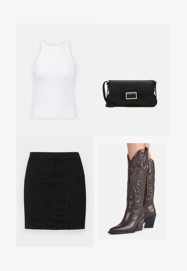 Fehér ujjatlan trikó ribbed anyagból, lekerekített nyakkivágással és testhez simuló siluettel, minimális varrásokkal és díszítések nélkül.; Fekete farmer mini szoknya, formázott dizájnnal, strukturált panelekből készült, látható varrásokkal a részletek hangsúlyozásához. Simaszerkezet és elegáns sziluett.; Barna bőr cowboy csizmák hegyes orral és blokk sarkal, részletes varrással és kiemelkedő díszítésekkel a szárán.; Fekete bőr kézitáska hajtóka részlettel és aranyszínű fém csattal. Tartalmaz egy fekete pántot és egy letisztult, minimális dizájnt.